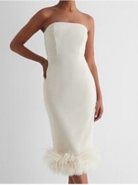Express Strapless Feather-Hem Midi Dress in Cream